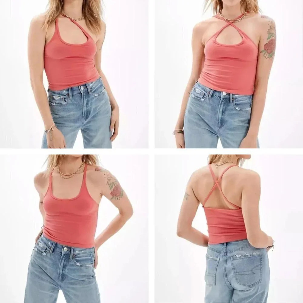 Peach Coral Cutout Convertible Strap Cami Tank Top AEO Y2K Women’s Size Large
